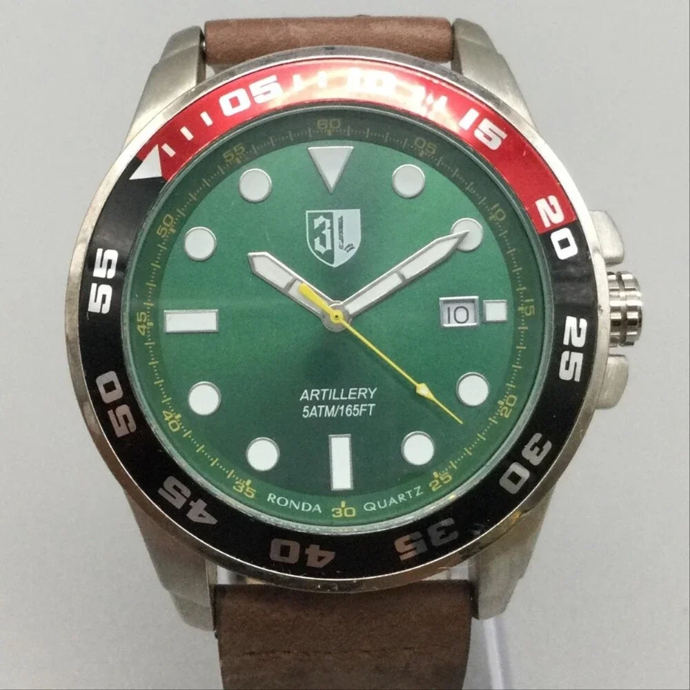 3 Leagues Artillery Mens Watch 46mm Green Dial Coke Bezel Leather Swiss